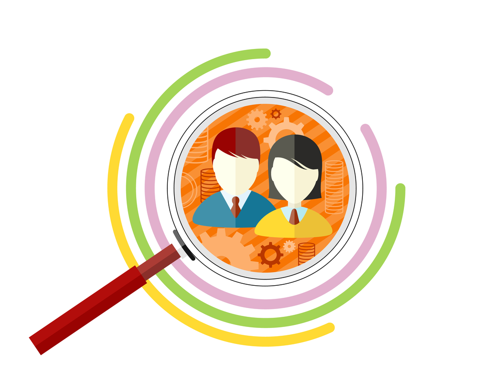 Illustration of magnifying glass on two people with gears in the background and circles around the magnifying glass, target market concept